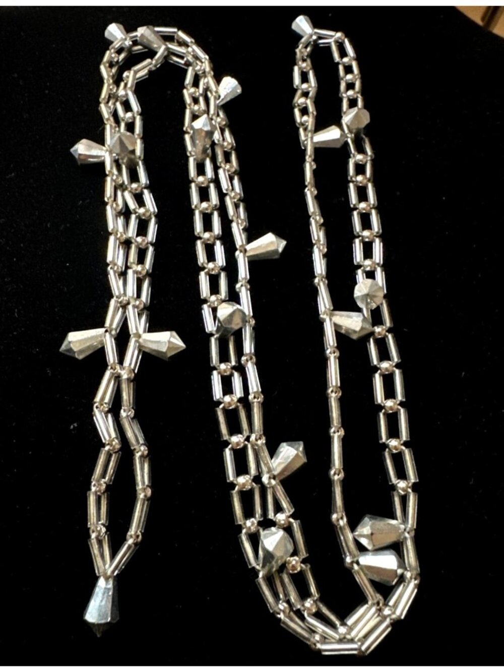 Long Retro Chic Necklace Silver Plastic Faceted Tube Beads